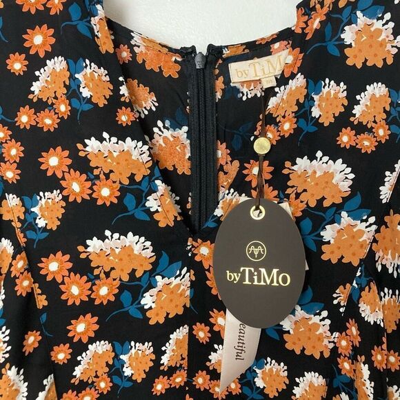 byTiMo Poppyfield Black Orange Floral Mini‎ Dress Puff Long Sleeve V-neck sz M - Picture 2 of 8